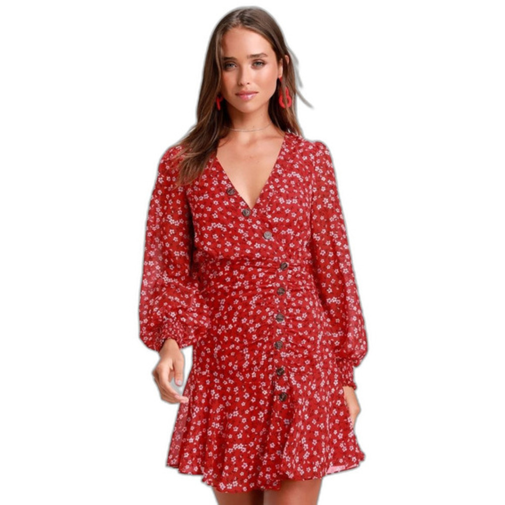 Lulus Red Floral Print‎ Long Sleeve Dress Small